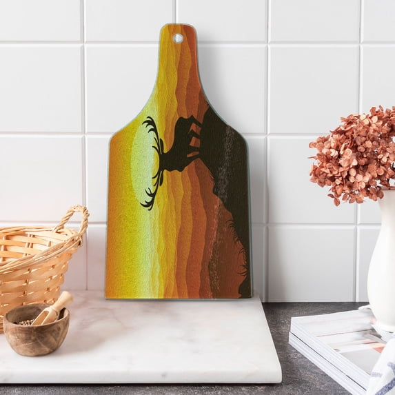 Antlers Cutting Board, Deer at Sunset Adventure Wildlife Panoramic Valley Hill Silhouette, Decorative Tempered Glass Cutting and Serving Board, Wine Bottle Shape, Burnt Sienna Marigold, by Ambesonne