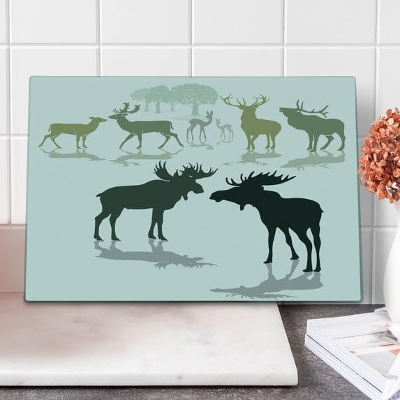 Antlers Cutting Board, Elk Deer and Fawn Silhouette Forest at the Background World Natural Habitat Theme, Decorative Tempered Glass Cutting and Serving Board, Large Size, Green Black, by Ambesonne