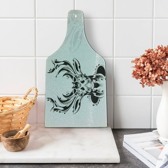 Antlers Cutting Board, Tribal Deer Head Shadow Art Emblem Wilderness Ornamental Monochrome Art, Decorative Tempered Glass Cutting and Serving Board, Wine Bottle Shape, Pale Grey Black, by Ambesonne