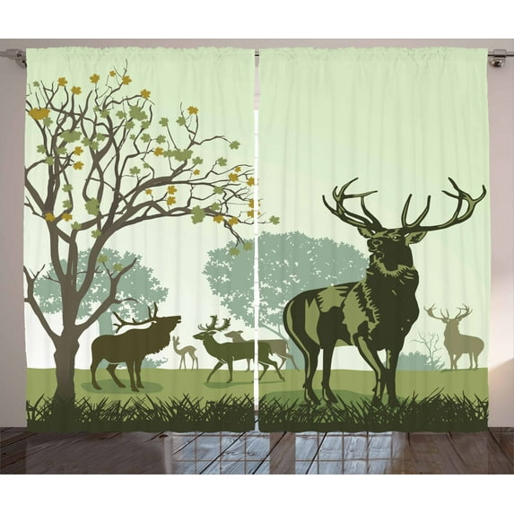 Ambesonne Green Curtains 2 Panel Set, Deer and Nature Park, 108" x 90", Green