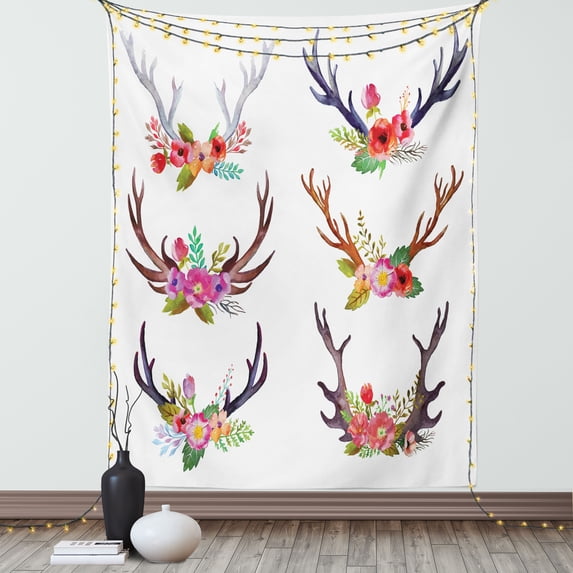 Antlers Decor Wall Hanging Tapestry, Deer Horns Bouquet Flowers Bloom Fun Springtime Garden Branches, Bedroom Living Room Dorm Accessories, 60 X 80 Inches, by Ambesonne