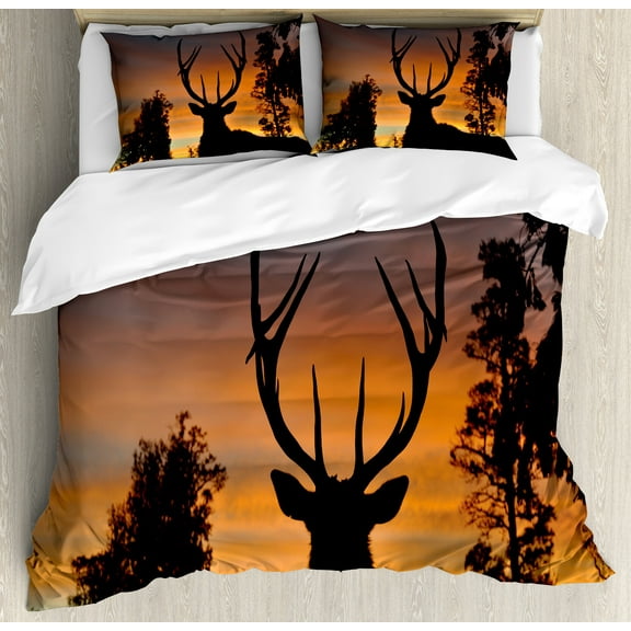Antlers Duvet Cover Set, Black Deer on Sky Background West Coast South Island New Zealand Nature, Decorative 3 Piece Bedding Set with 2 Pillow Shams, Queen Size, Seal Brown Marigold, by Ambesonne