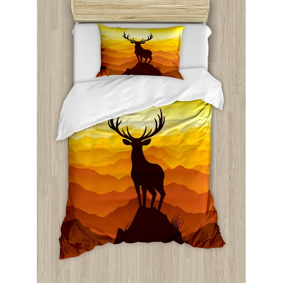 Antlers Duvet Cover Set, Deer at Sunset Adventure Wildlife Panoramic Valley Hill Silhouette, Decorative 2 Piece Bedding Set with 1 Pillow Shams, Twin Size, Burnt Sienna Marigold, by Ambesonne