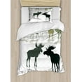 thumbnail image 1 of Antlers Duvet Cover Set, Elk Deer and Fawn Silhouette Forest at the Background World Natural Habitat Theme, Decorative 2 Piece Bedding Set with 1 Pillow Shams, Twin Size, Green Black, by Ambesonne, 1 of 3