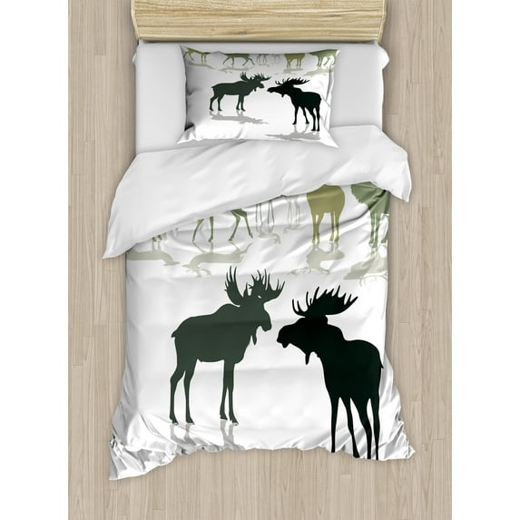 Antlers Duvet Cover Set, Elk Deer and Fawn Silhouette Forest at the Background World Natural Habitat Theme, Decorative 2 Piece Bedding Set with 1 Pillow Shams, Twin Size, Green Black, by Ambesonne
