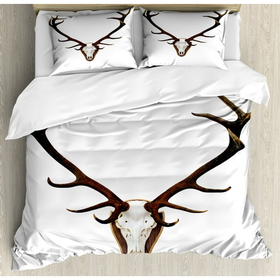 Antlers Duvet Cover Set, Antlers of a Huge Stag Bones Mounted on a Wooden Plate Prize Skull Print, Decorative 3 Piece Bedding Set with 2 Pillow Shams, Queen Size, Brown and Pale Grey, by Ambesonne