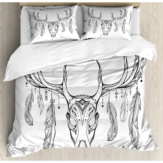 Antlers Duvet Cover Set, Illustration of a Deer Skull Bone and Feathers Boho Pattern Tribal, Decorative 3 Piece Bedding Set with 2 Pillow Shams, King Size, Charcoal Grey White, by Ambesonne