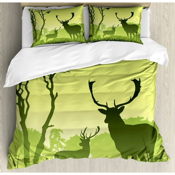 Antlers Duvet Cover Set, Male Deer on a Meadow with Trees and Crow Bird Woodland Mist Rural Green Country Print, Decorative 3 Piece Bedding Set with 2 Pillow Shams, King Size, Green, by Ambesonne