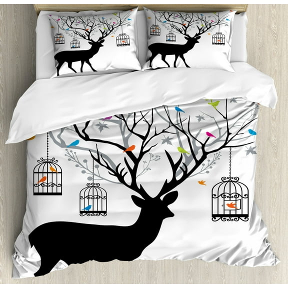 Antlers Duvet Cover Set Queen Size, Deer with Colorful Birds and Birdcages Silhouette Ornament Vintage Style Print, Decorative 3 Piece Bedding Set with 2 Pillow Shams, Multicolor, by Ambesonne