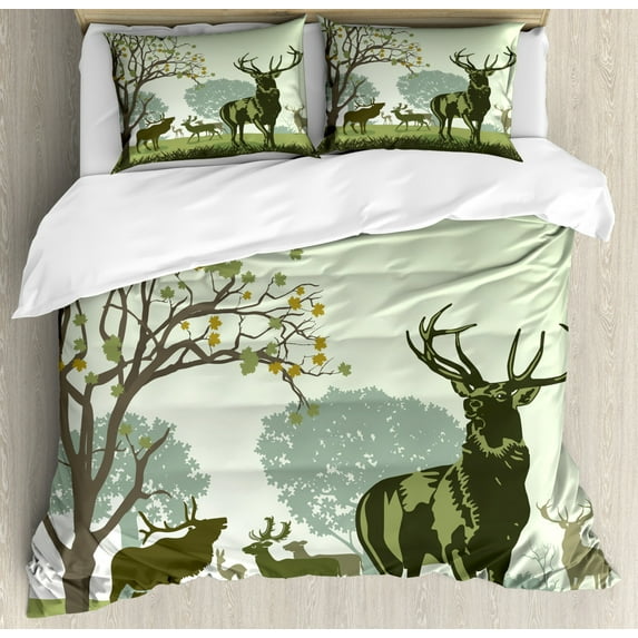 Antlers Duvet Cover Set Queen Size, Deer and Wildlife in Park World Natural Heritage Forest Areas Reindeer Nature Scene, Decorative 3 Piece Bedding Set with 2 Pillow Shams, Green, by Ambesonne