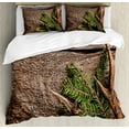 thumbnail image 1 of Antlers Duvet Cover Set Queen Size, Evergreen Branch with Deer Antler Against Rustic Wooden Background Print, Decorative 3 Piece Bedding Set with 2 Pillow Shams, Fern Green Umber, by Ambesonne, 1 of 3