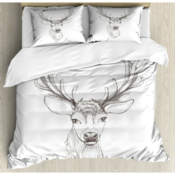 Antlers Duvet Cover Set, Sketch of Deer Head Illustration Style Black and White Monochromic Wild Animal Art, Decorative 3 Piece Bedding Set with 2 Pillow Shams, King Size, Warm Taupe, by Ambesonne