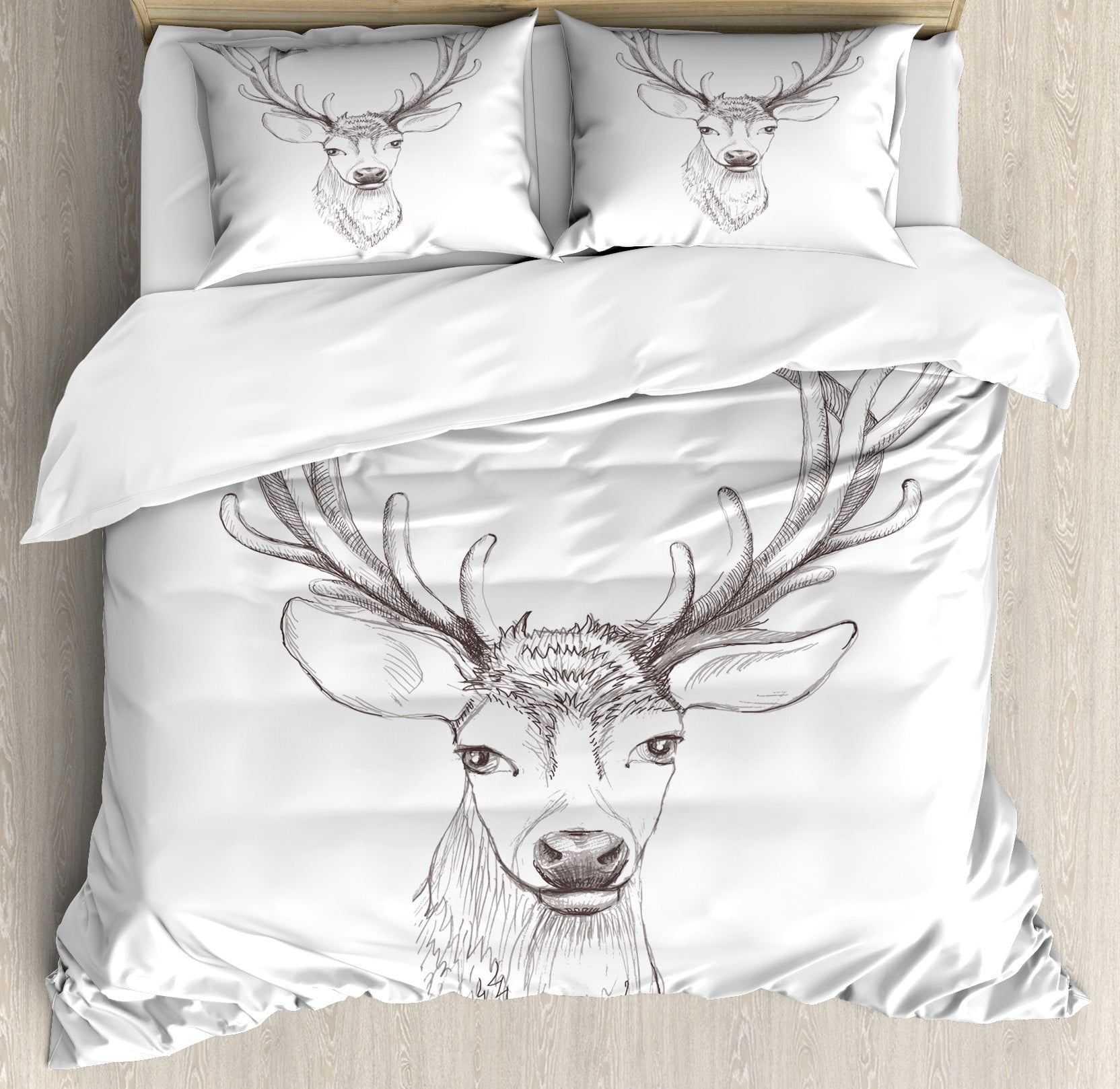 Antlers Duvet Cover Set, Sketch of Deer Head Illustration Style Black ...