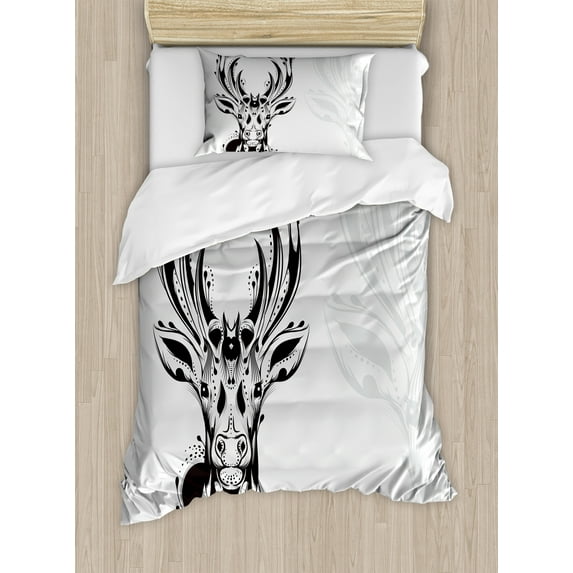 Antlers Duvet Cover Set, Tribal Deer Head Shadow Art Emblem Wilderness Ornamental Monochrome Art, Decorative 2 Piece Bedding Set with 1 Pillow Shams, Twin Size, Pale Grey Black, by Ambesonne