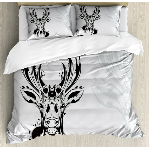 Antlers Duvet Cover Set, Tribal Deer Head Shadow Art Emblem Wilderness Ornamental Monochrome Art, Decorative 3 Piece Bedding Set with 2 Pillow Shams, Queen Size, Pale Grey Black, by Ambesonne