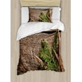 thumbnail image 1 of Antlers Duvet Cover Set Twin Size, Evergreen Branch with Deer Antler Against Rustic Wooden Background Print, Decorative 2 Piece Bedding Set with 1 Pillow Sham, Fern Green Umber, by Ambesonne, 1 of 3