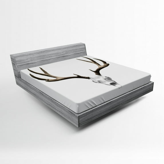 Antlers Fitted Sheet, Deer Skull Skeleton Head Bone Halloween Weathered Hunter Theme Motif, Soft Decorative Fabric Bedding, Full Size, Warm Taupe Pale Grey, by Ambesonne