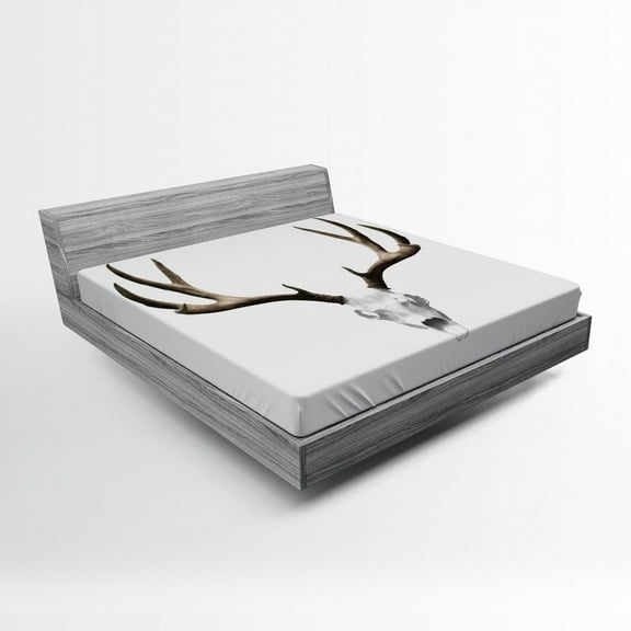 Antlers Fitted Sheet, Deer Skull Skeleton Head Bone Halloween Weathered Hunter Theme Motif, Soft Decorative Fabric Bedding, Queen Size, Warm Taupe Pale Grey, by Ambesonne