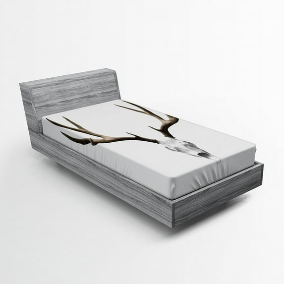 Antlers Fitted Sheet, Deer Skull Skeleton Head Bone Halloween Weathered Hunter Theme Motif, Soft Decorative Fabric Bedding, Twin Size, Warm Taupe Pale Grey, by Ambesonne