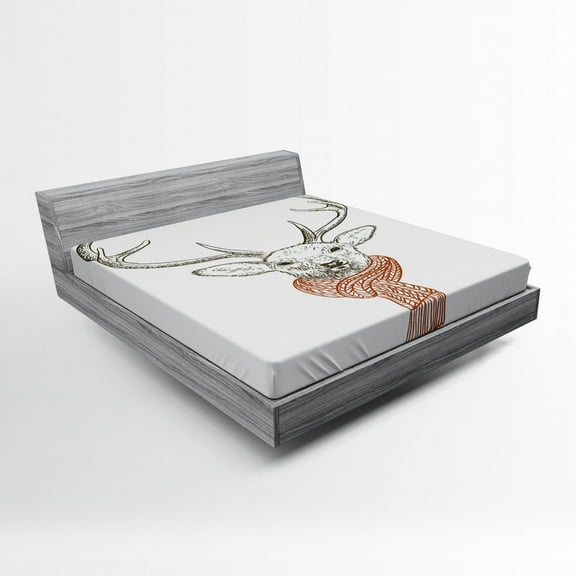 Antlers Fitted Sheet, Illustration of a Deer Wearing Scarf Knitted Neck Wintertime Cold December, Soft Decorative Fabric Bedding, Full Size, Redwood Grey White, by Ambesonne