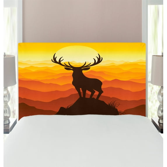 Antlers Headboard, Deer at Sunset Adventure Wildlife Panoramic Valley Hill Silhouette, Upholstered Decorative Metal Bed Headboard with Memory Foam, Twin Size, Burnt Sienna Marigold, by Ambesonne