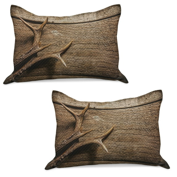 Antlers Knitted Quilt Pillowcover Set of 2, Deer Antlers on Wood Table Rustic Texture Surface Hunting Season Fall Gathering Art, Standard Queen Pillow Sham Bedroom, 30" x 20", Umber, by Ambesonne