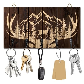Antlers Mountains Key Holder Wall Mounted Wooden Keys Racks Storage Organizer Hanger with 5 Key Hooks House Keys Holder Wall Decor Door