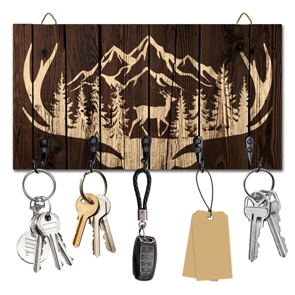 Antlers Mountains Key Holder Wall Mounted Wooden Keys Racks Storage Organizer Hanger with 5 Key Hooks House Keys Holder Wall Decor Door