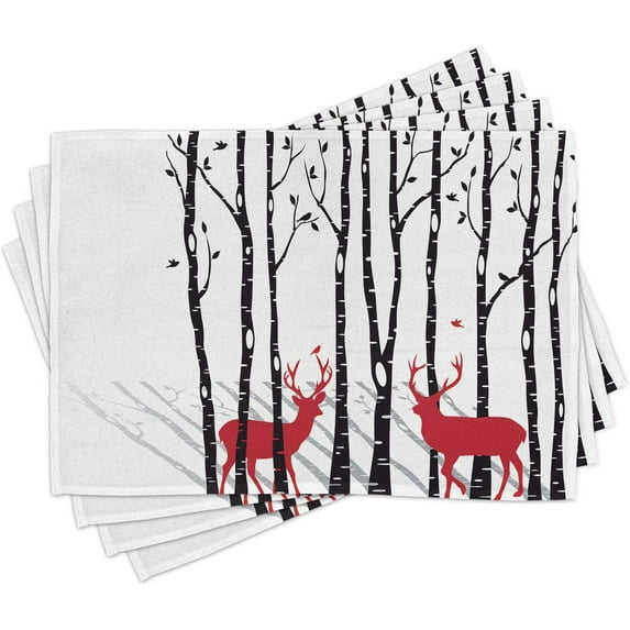 Antlers Place Mats Set of 4, Deer Tree Forest Holiday Theme Flying Leaves Branch Reindeer Winter Print, Washable Fabric Placemats for Dining Table, Standard Size, White and Red