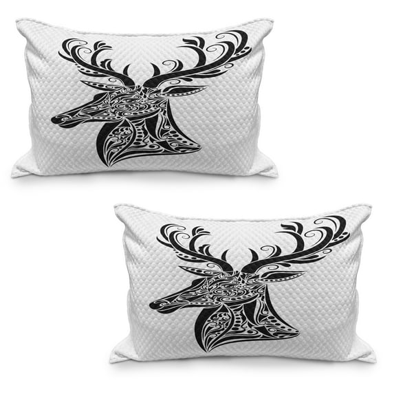 Antlers Quilted Pillowcover Set of 2, Tattoo Pattern in the Shape of a Deer Creative Portrait in Black and White Colors, Standard Queen Size Pillow Cover Bedroom, 36" x 20", Black White, by Ambesonne