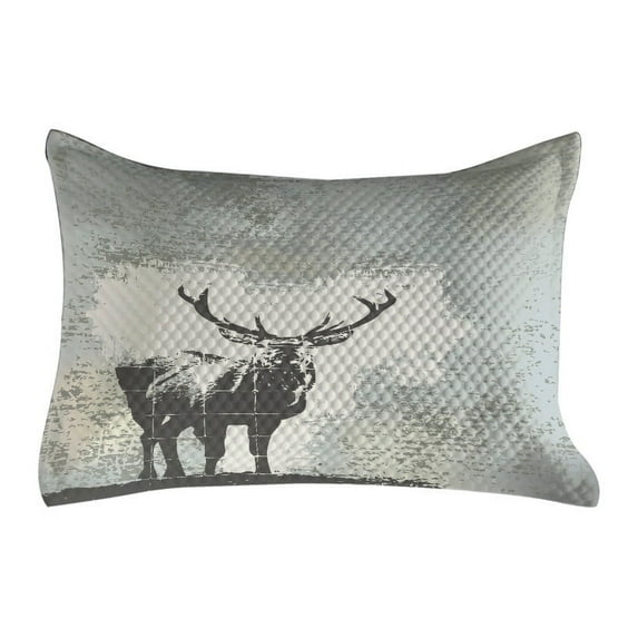 Antlers Quilted Pillowcover, Standing Stag Silhouette Grunge Style Background Shadow Monochromic Illustration, Standard King Size Accent Pillow Cover for Bedroom, 36" x 20", Grey Black, by Ambesonne