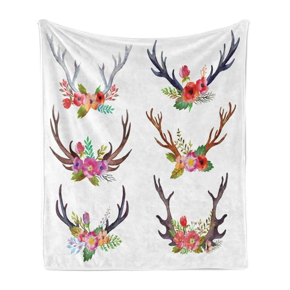 Antlers Soft Flannel Fleece Blanket, Deer Horns Bouquet Flowers Bloom Fun Springtime Garden Branches Work of Art Print, Cozy Plush for Indoor and Outdoor Use, 50" x 60", Multicolor, by Ambesonne