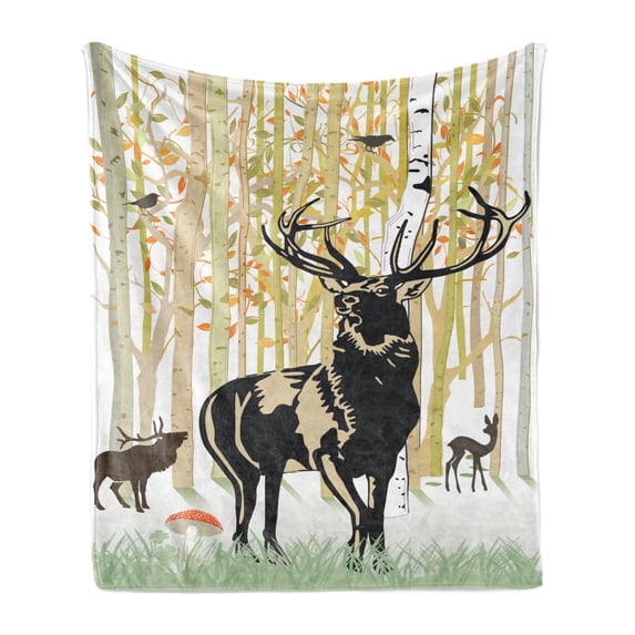Antlers Soft Flannel Fleece Blanket, Deers in Autumn Forest Colorful Leaves Trees Grass Wildlife Fall Landscape Print, Cozy Plush for Indoor and Outdoor Use, 70" x 90", Green Orange, by Ambesonne