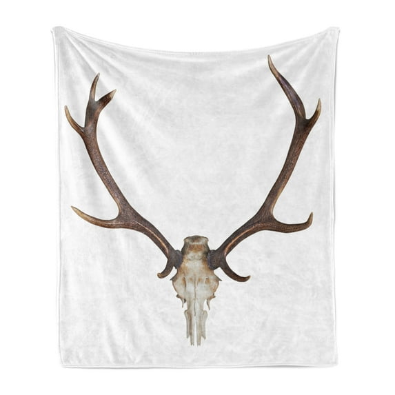 Antlers Soft Flannel Fleece Blanket, Antlers of a Huge Stag Elk Skeleton Big Bone Horn Hunter Style Artwork Print, Cozy Plush for Indoor and Outdoor Use, 70" x 90", Brown and Beige, by Ambesonne