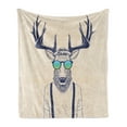 thumbnail image 1 of Antlers Soft Flannel Fleece Blanket, Illustration of Deer Dressed up Like Cool Hipster Fashion Creative Fun Animal, Cozy Plush for Indoor and Outdoor Use, 50" x 60", Beige Dark Blue, by Ambesonne, 1 of 5