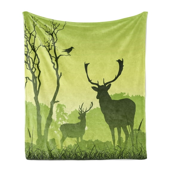Antlers Soft Flannel Fleece Blanket, Male Deer on a Meadow with Trees and Crow Bird Woodland Mist Rural Green Country Print, Cozy Plush for Indoor and Outdoor Use, 70" x 90", Green, by Ambesonne