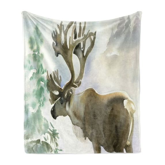 Antlers Soft Flannel Fleece Blanket, Moose in Winter Forest Wildlife Reindeer Christmas Theme Watercolor Painting Style, Cozy Plush for Indoor and Outdoor Use, 50" x 60", Beige Green, by Ambesonne