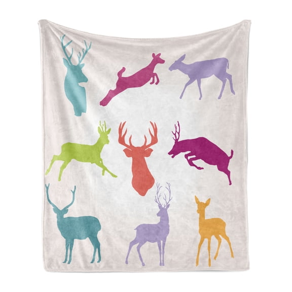Antlers Soft Flannel Fleece Blanket, Silhouette Arragement of Jumping Running Walking Standing Deers Wilderness Nature, Cozy Plush for Indoor and Outdoor Use, 70" x 90", Green Teal, by Ambesonne