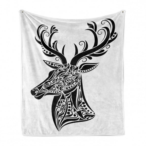 Antlers Soft Flannel Fleece Blanket, Tattoo Pattern in the Shape of a Deer Creative Portrait in Black and White Colors, Cozy Plush for Indoor and Outdoor Use, 50" x 60", Black White, by Ambesonne