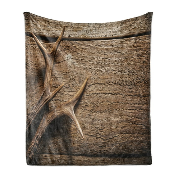 Antlers Soft Flannel Fleece Throw Blanket, Deer Antlers on Wood Table Rustic Texture Surface Hunting Season Fall Gathering Art, Cozy Plush for Indoor and Outdoor Use, 70" x 90", Umber, by Ambesonne