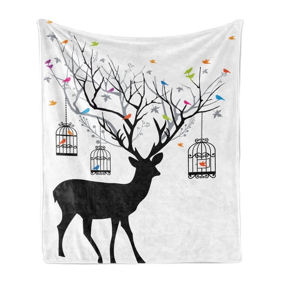 Antlers Soft Flannel Fleece Throw Blanket, Deer with Colorful Birds and Birdcages Silhouette Ornament Vintage Style Print, Cozy Plush for Indoor and Outdoor Use, 50" x 70", Multicolor, by Ambesonne