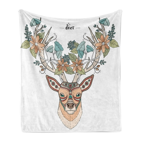 Antlers Soft Flannel Fleece Throw Blanket, Deer Head with Flowers Blooms Cultural Design Ornamental Illustration, Cozy Plush for Indoor and Outdoor Use, 50" x 70", Tan Green Teal, by Ambesonne