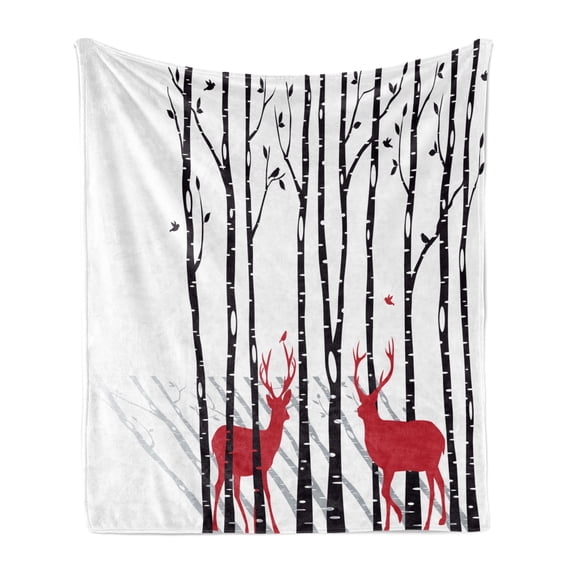 Antlers Soft Flannel Fleece Throw Blanket, Deer Tree Forest Holiday Theme Flying Leaves Branch Reindeer Winter Print, Cozy Plush for Indoor and Outdoor Use, 50" x 60", White Black Red, by Ambesonne