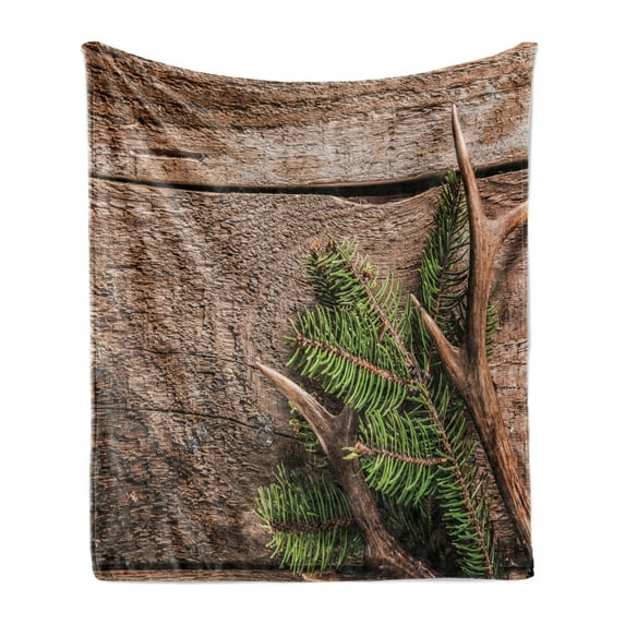 Antlers Soft Flannel Fleece Throw Blanket, Evergreen Branch Deer Antler Against Rustic Wooden Background Print, Cozy Plush for Indoor and Outdoor Use, 60" x 80", Fern Green Umber, by Ambesonne