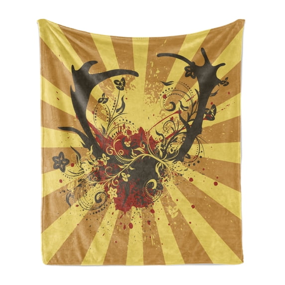 Antlers Soft Flannel Fleece Throw Blanket, Grunge Big Antlers of Stag Floral Design Abstract Design Illustration, Cozy Plush for Indoor and Outdoor Use, 50" x 70", Yellow Mustard, by Ambesonne