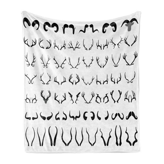 Antlers Soft Flannel Fleece Throw Blanket, Horns of Antelope Buffalo Cattle Moose Sheep Silhouettes Symbolist Art Design, Cozy Plush for Indoor and Outdoor Use, 70" x 90", Black White, by Ambesonne