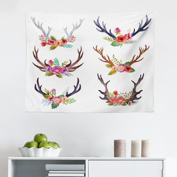 Antlers Tapestry, Deer Skull Skeleton Head Bone Halloween Weathered Hunter Theme Motif, Fabric Wall Hanging Decor for Bedroom Living Room Dorm, 2 Sizes, Warm Taupe Pale Grey, by Ambesonne