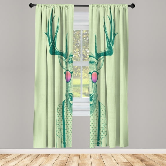 Antlers Window Curtains, Illustration of Deer Dressed up Like Cool Hipster Fashion Creative Fun Animal, Lightweight Decorative Panels Set of 2 and Rod Pocket, 56" x 84", Purple Green, by Ambesonne