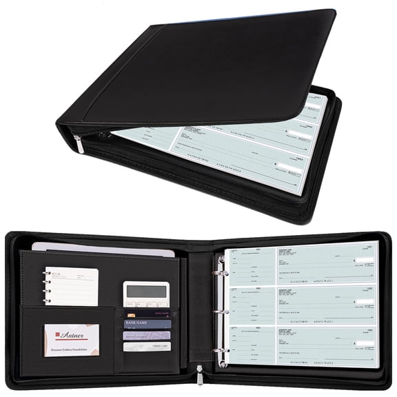 Antner 3 Ring Check Binder for Personal Checks, Fits 3 & 9 Hole Checks, PU Leather Checkbook Cover with Built-in Storage Organizer, Black