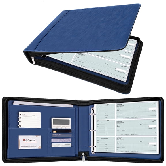Antner 3 Ring Check Binder for Personal Checks, Fits 3 & 9 Hole Checks, PU Leather Checkbook Cover with Built-in Storage Organizer, Navy Blue